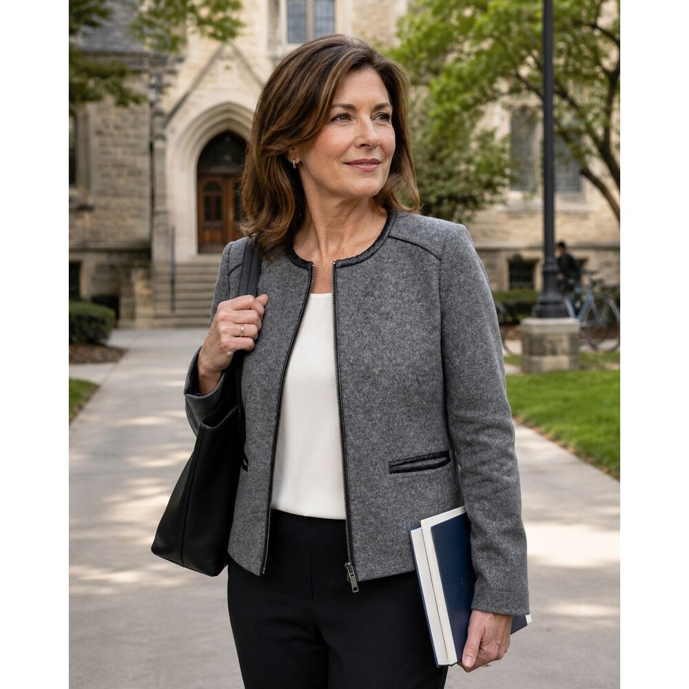 J. Crew Grey Wool Blazer Collarless Faux Leather Trim Zip Front Size XL